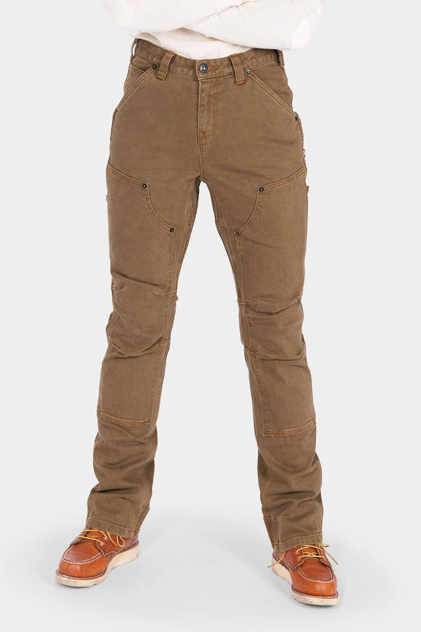 Beechwood Brown Old School High Rise Work Pant by Dovetail Workwear displayed on a woman, highlighting knee pad slots, tool loops, and straight-leg silhouette