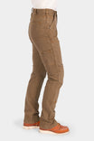 Side view of a woman wearing Dovetail Workwear's Old School High Rise Work Pant in Beechwood Brown, featuring Hip Slot™ Zip pocket, tool loop, knee pad slot, and a straight-leg silhouette