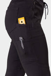 Detail view of the Christa X DIY Pant in Black Performance Modal by Dovetail Workwear, highlighting multiple cargo pockets and a tool loop on the leg
