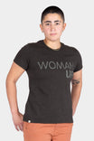 Dovetail Workwear GO TO™ "Woman Up" Graphic Work Tee in charcoal, front view on a woman wearing orange pants and gold chain necklace