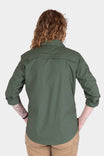 Back view of a woman wearing the Dovetail Workwear AJ COOLSWAP™ Work Shirt in Aventurine Green, showcasing the back yoke vent and reinforced elbows