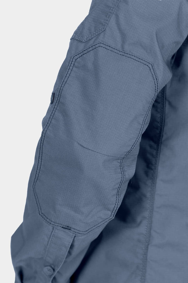 Detail view of the AJ COOLSWAP™ Work Shirt by Dovetail Workwear in Dovetail Blue, highlighting the reinforced elbow and ripstop fabric construction