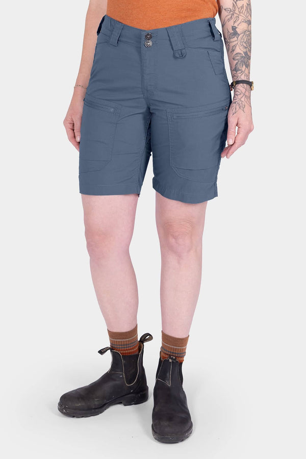 Compass COOLSWAP™ Cargo Short in Dovetail Blue by Dovetail Workwear, shown on a woman wearing the high-rise shorts with visible cargo pockets and reinforced front pockets
