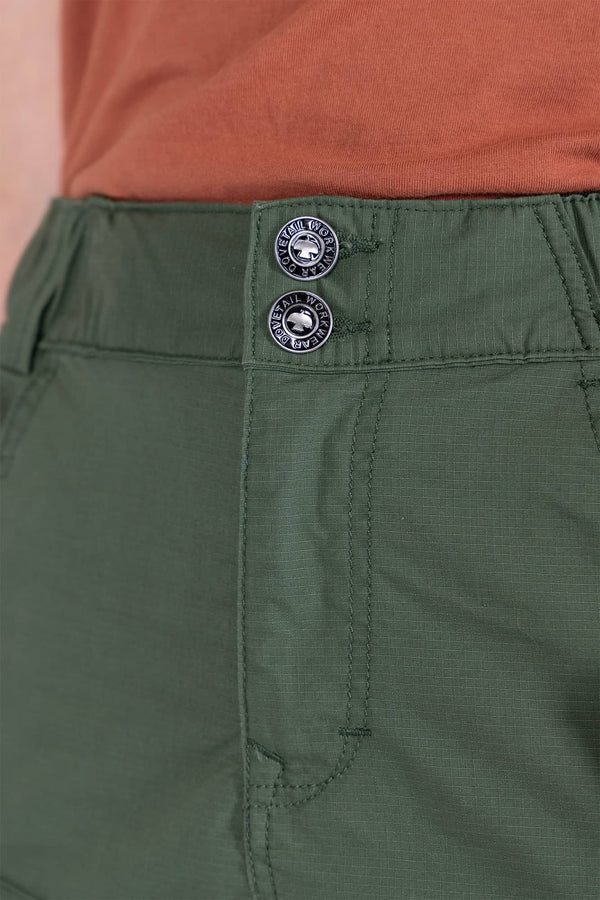 Close-up detail of the Compass COOLSWAP™ Cargo Skort waistband in Aventurine Green, showing EZWaist™ branded buttons and reinforced stitching