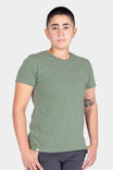 Dovetail Workwear GO TO™ Crew Neck Tee Shirt in Agave Green, shown on a woman wearing the soft cotton jersey blend tee with relaxed fit