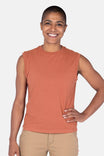 Dovetail Workwear GO TO™ Tank Top in Terracotta worn by a woman, showcasing the relaxed fit, perfect neckline coverage, and soft 100% ring-spun cotton construction