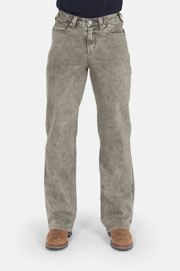Old School Wide Leg Mineral Wash Jeans in Sunbaked Eucalyptus by Dovetail Workwear, shown on a woman in a high-rise, wide-leg silhouette with visible nested side pockets and vintage-inspired denim wash