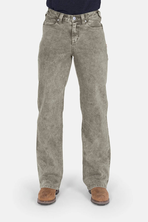 Old School Wide Leg Mineral Wash Jeans in Sunbaked Eucalyptus by Dovetail Workwear, shown on a woman in a high-rise, wide-leg silhouette with visible nested side pockets and vintage-inspired denim wash