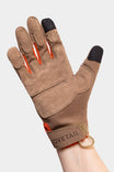 Light Kodiak Multi-Purpose Work Gloves by Dovetail Workwear displayed on a woman's hand, showing tan suede construction, black textured fingertips, and adjustable wrist strap
