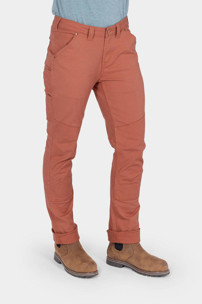Dovetail Workwear GO TO™ Stretch Canvas Pant in Terracotta worn by a woman, showcasing the articulated knee design and straight leg fit