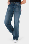 Dovetail Workwear Old School Wide Leg Jeans in Classic Indigo Blue shown on a woman wearing a black top and white sneakers, featuring a relaxed wide leg silhouette