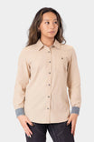 Ecru White Givens Long Sleeve Summer Work Shirt by Dovetail Workwear shown on a woman, featuring a button chest pocket, contrast cuffs, and soft 100% cotton fabric.
