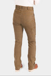 Back view of a woman wearing the Dovetail Workwear Old School High Rise Work Pant in Beechwood Brown, showcasing cargo pockets, knee pad slots, and straight-leg denim silhouette
