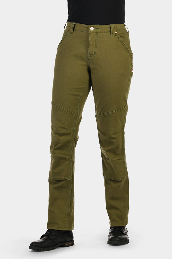 Dovetail Workwear GO TO™ Stretch Canvas Pant in Kelp Green worn by a woman, showing articulated knee panels and tool loop details