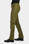 Side view of a woman wearing Dovetail Workwear GO TO™ Stretch Canvas Pant in Kelp Green, showcasing the straight leg fit, tool loop, and nested pocket details