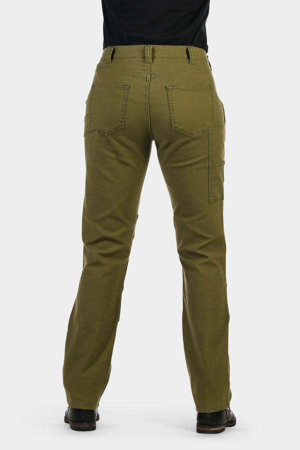 Back view of a woman wearing Dovetail Workwear GO TO™ Stretch Canvas Pant in Kelp Green, showcasing nested pockets and straight leg fit