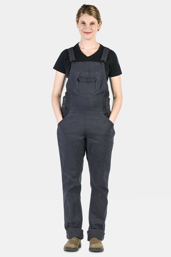 Freshley Maternity Overalls in Navy Stretch Canvas by Dovetail Workwear, front view on a woman wearing a black v-neck tee, featuring reinforced knees and nested pockets