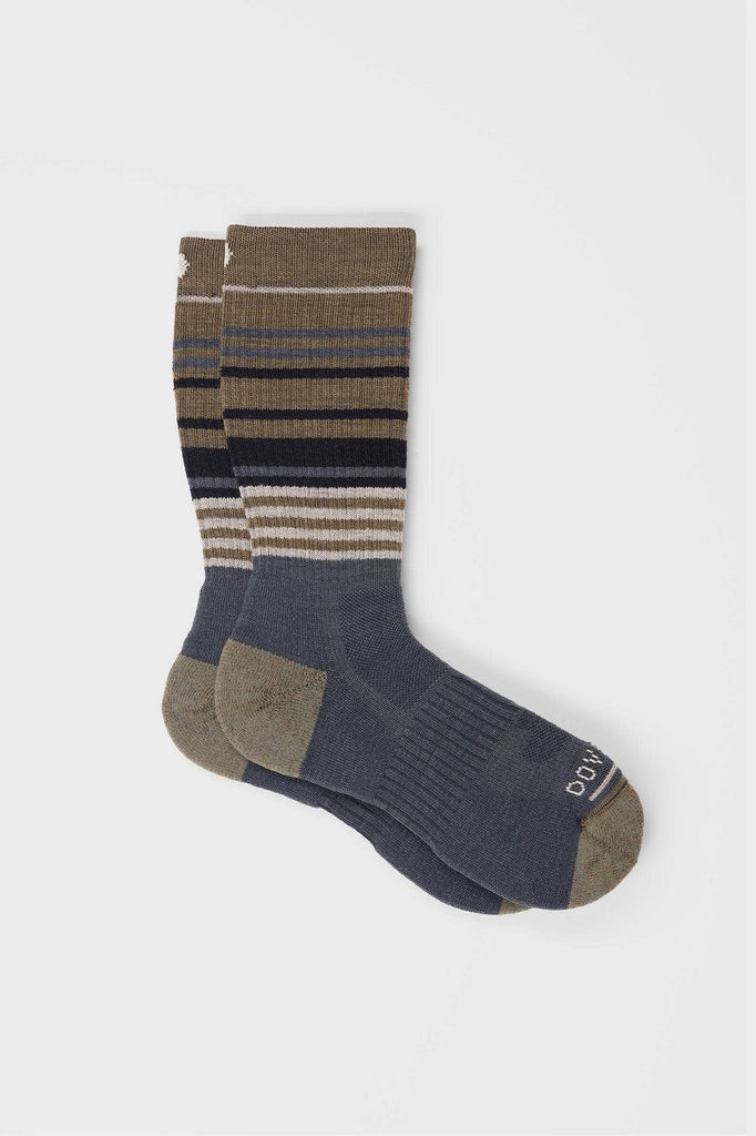 Pair of Dovetail Workwear Women's Merino Wool Work Socks displayed flat, featuring Kelp Green Stripe cuffs with reinforced heel and toe and striped calf sections.