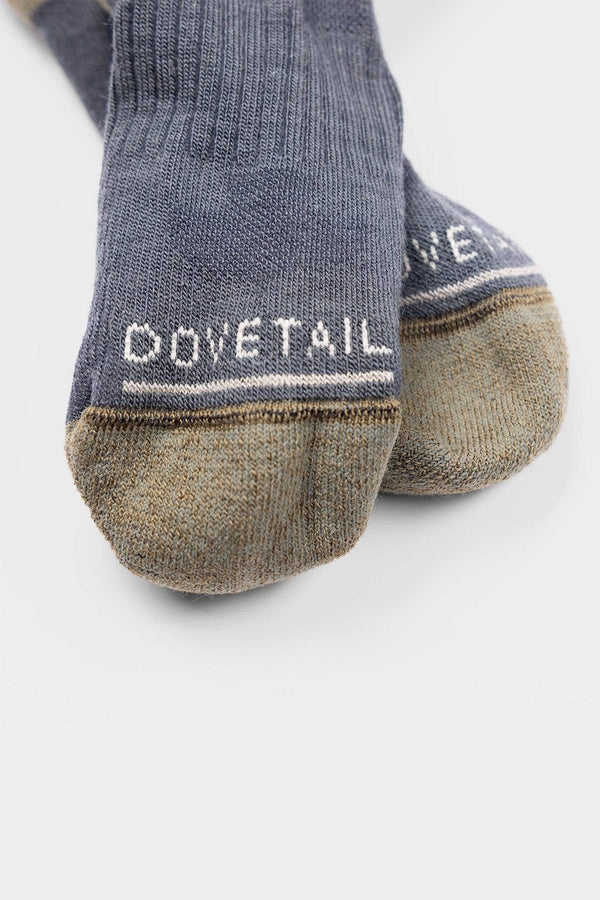 Close-up detail of Dovetail Workwear Women's Merino Wool Work Socks in Heavy Duty Dove Grey, showing reinforced heel and toe with white branding