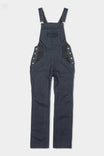 Dovetail Workwear Freshley Maternity Overalls in Navy Stretch Canvas displayed flat lay, featuring flex suspenders, reinforced front panel, nested pockets, and elastic panels for expectant mothers