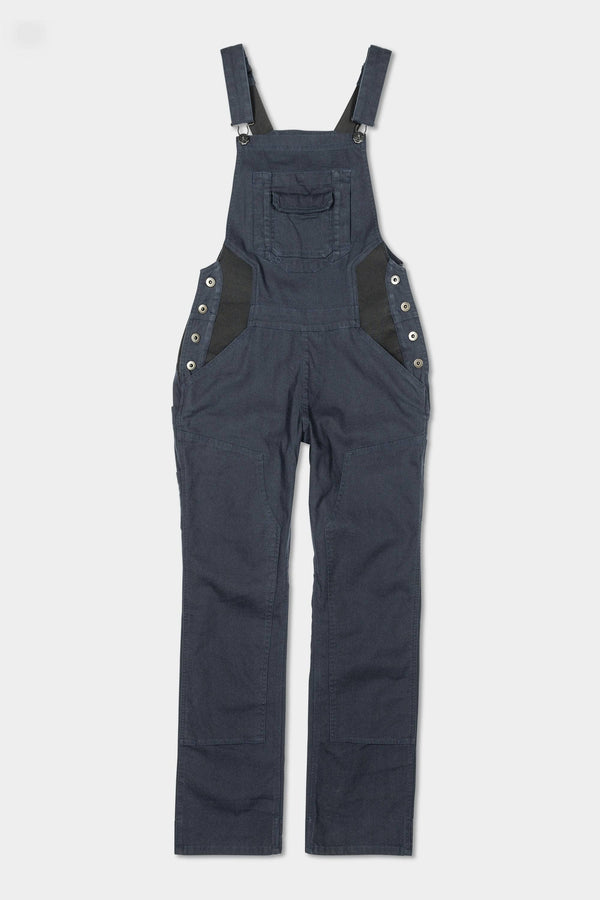 Dovetail Workwear Freshley Maternity Overalls in Navy Stretch Canvas displayed flat lay, featuring flex suspenders, reinforced front panel, nested pockets, and elastic panels for expectant mothers