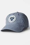Indigo Stripe Shop Cap from Dovetail Workwear featuring vertical pinstripes, adjustable sizing, breathable mesh, and a circular logo patch on the crown