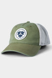 Dovetail Workwear Trucker Hat in Light Olive with breathable mesh back, featuring the brand's circular patch logo on the front panel