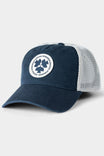 Navy Dovetail Workwear Trucker Hat with breathable mesh back panels and circular Dovetail patch logo, displayed on angled view against neutral background