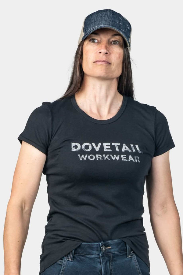 Dovetail Logo Tee displayed on a woman wearing a denim cap, featuring the classic Dovetail Workwear logo across the chest
