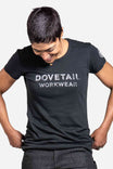Dovetail Logo Tee worn by a woman looking down, featuring the classic Dovetail Workwear logo across the chest