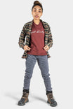 Maven X Slim Pant in Grey Stretch Thermal Denim by Dovetail Workwear worn by a woman with a plaid shirt and maroon graphic tee, shown in full-length standing pose