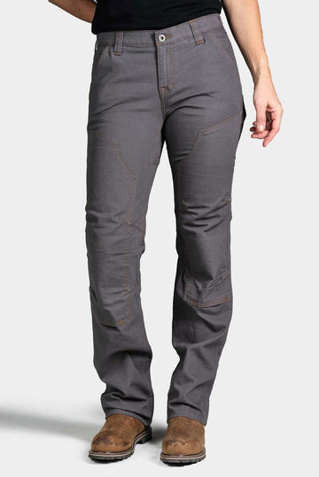 Dovetail Workwear Britt Utility Pant in FR Grey Canvas shown on a woman, featuring reinforced knees, cargo-style pockets, and a straight leg silhouette