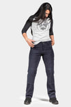 Dovetail Workwear Day Construct Pant in Lightweight Dark Navy Ripstop worn by a woman with long dark hair, paired with a baseball raglan tee and dark boots, shown in full-length front view against a white background