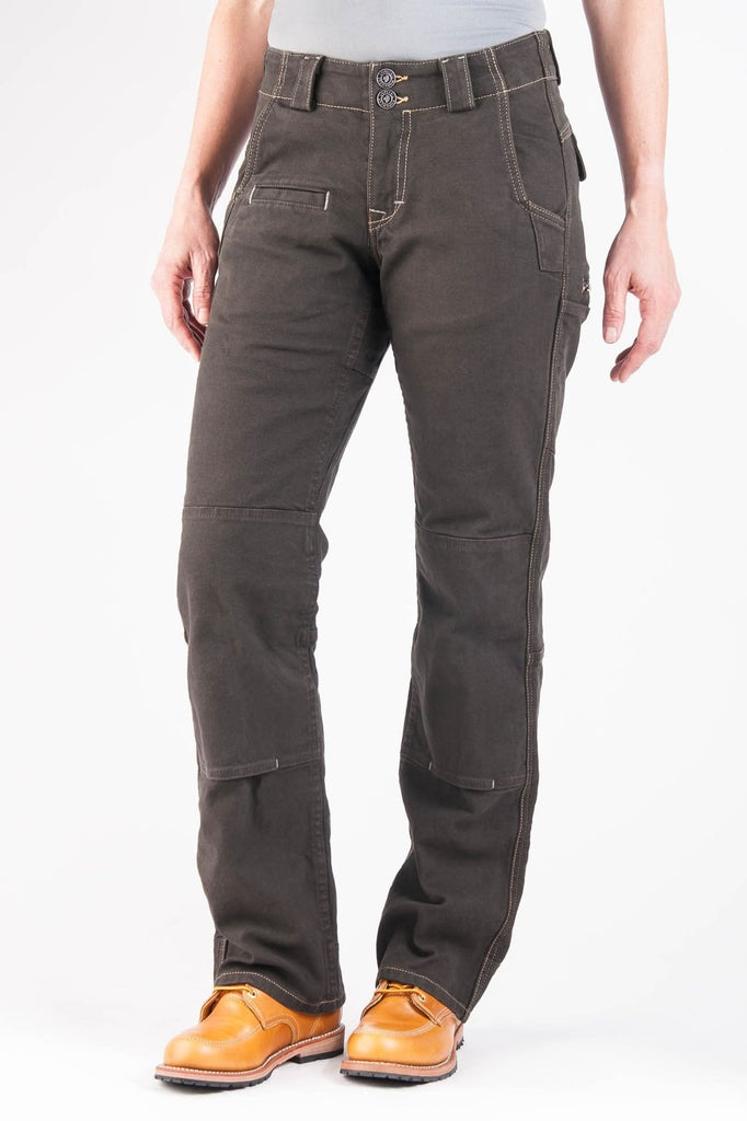 Dovetail Workwear Day Construct Pant in Brown Canvas with reinforced knees, shown on a woman wearing work boots, front view